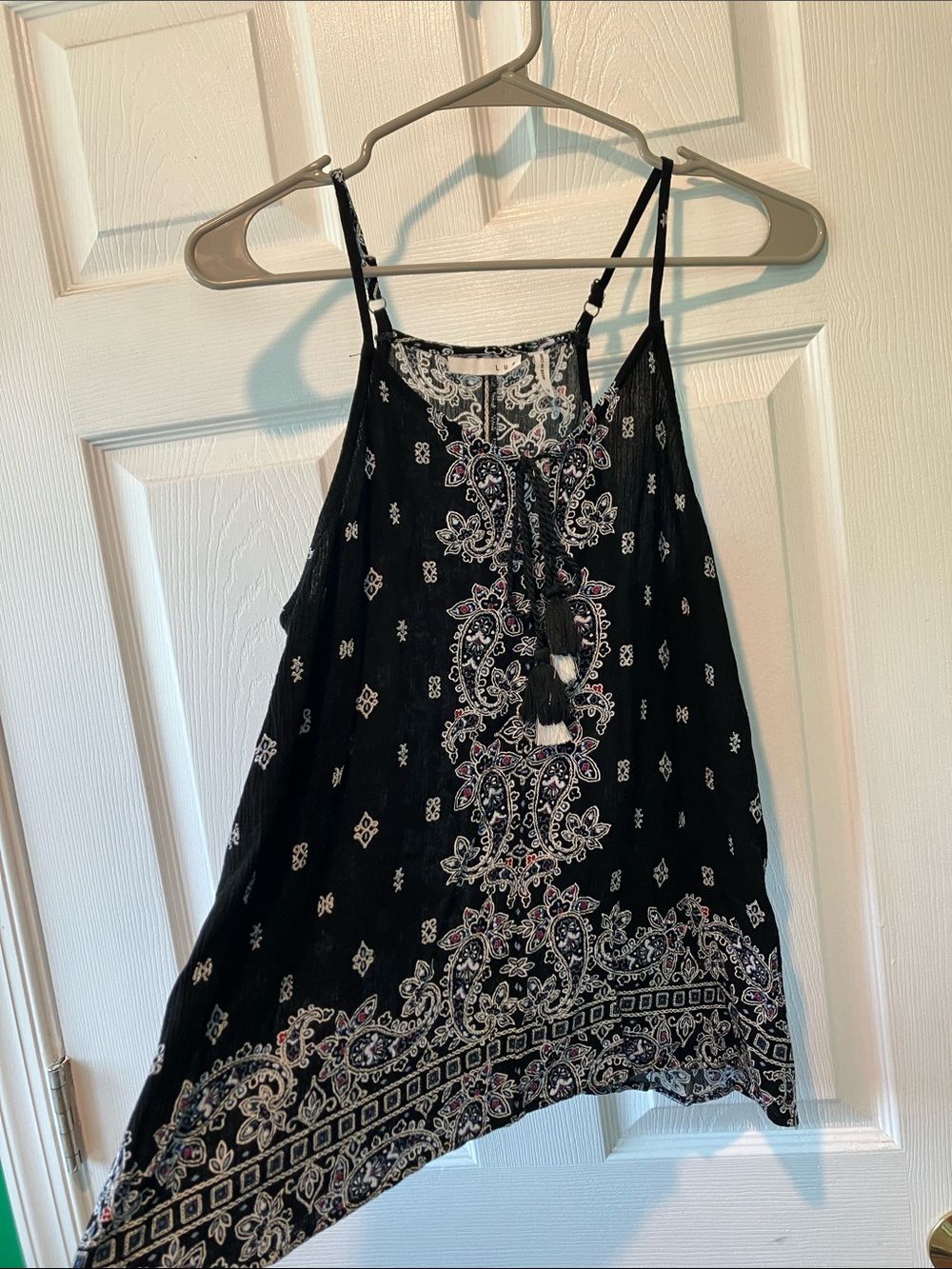 Lux Black Paisley Tassel Camisole medium spaghetti strap bandana print